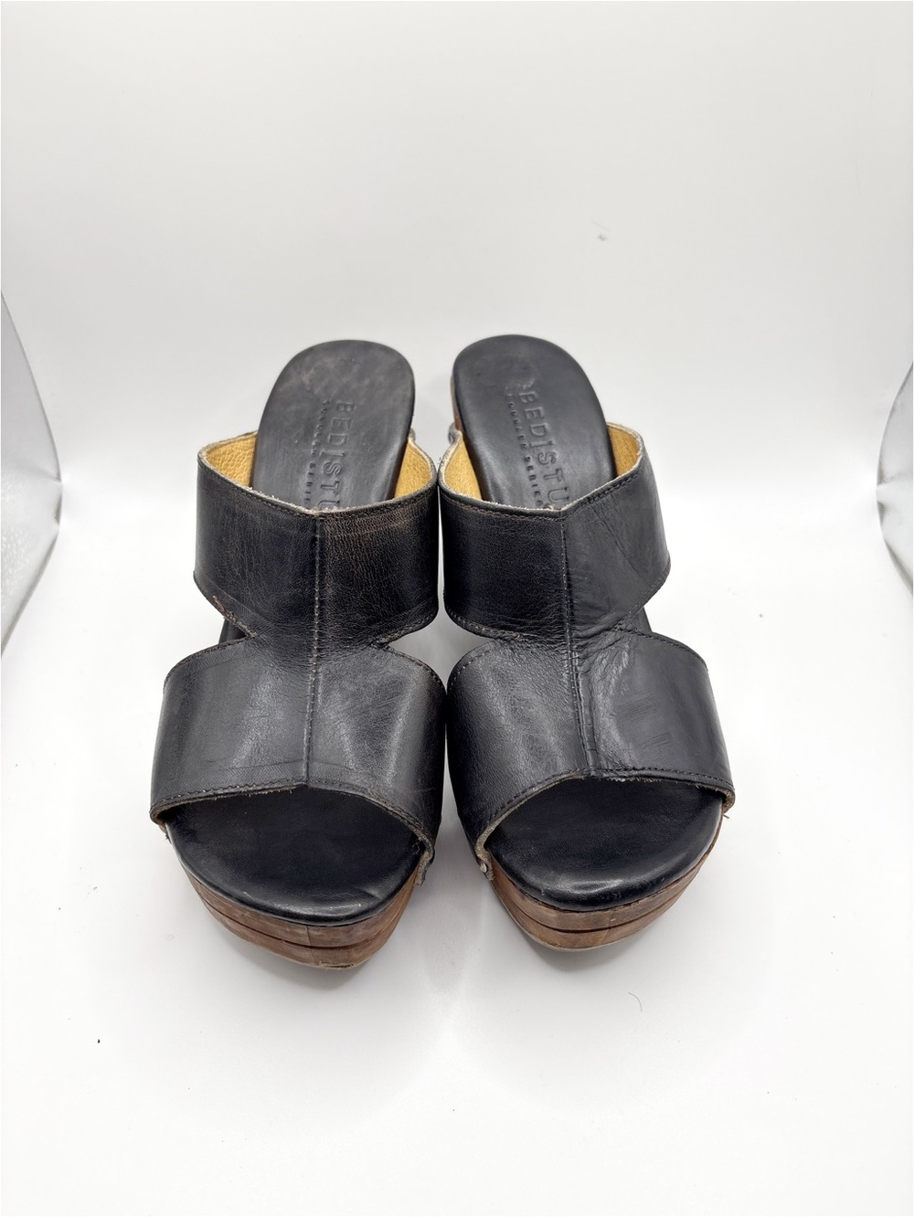 Bed Stu Olea Black Leather Wedge Sandals Wooden Heel - Picture 3 of 5